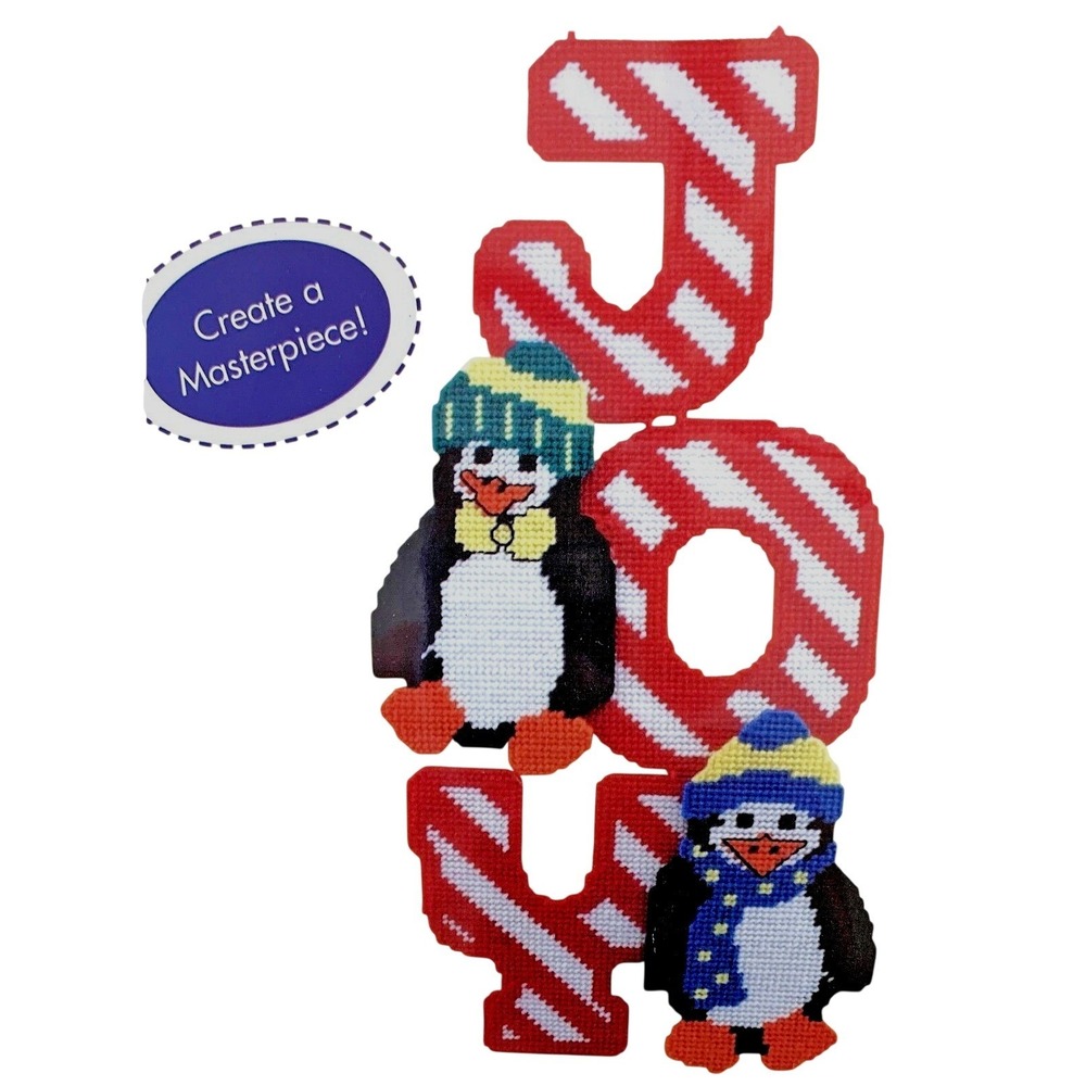 PENGUIN CANDYCANE JOY Christmas Craft Kit 23" Long PLASTIC CANVAS Sealed Kit NOS